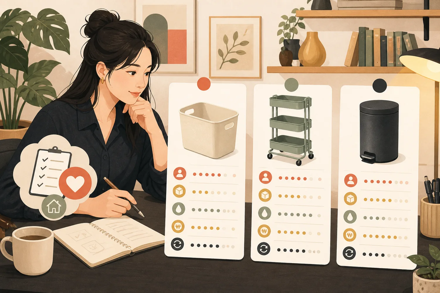 생활상품 세 가지를 사용 목적과 관리 비용으로 비교하는 일러스트