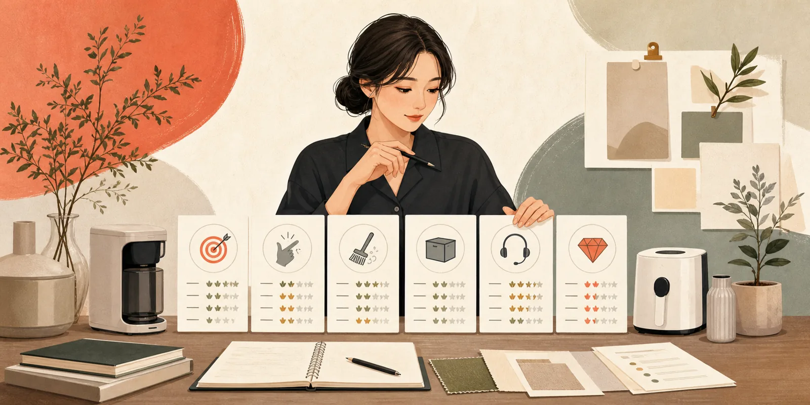 편집자가 동일한 기준으로 생활상품을 비교하는 일러스트